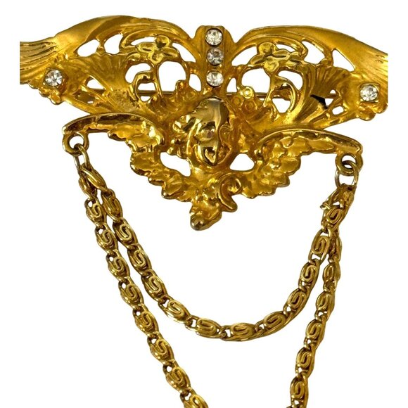 Vintage Angel Cherub Wings Brooch Gold-Tone Double Chains 3" x 3" - Picture 3 of 8